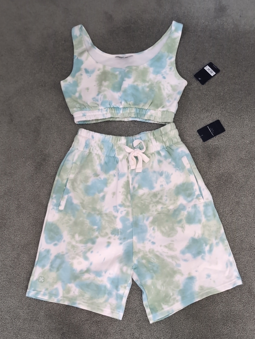 Lucky Brand Tie-Dye Lounge Crop Tank & Shorts Set - Blue & Light Green